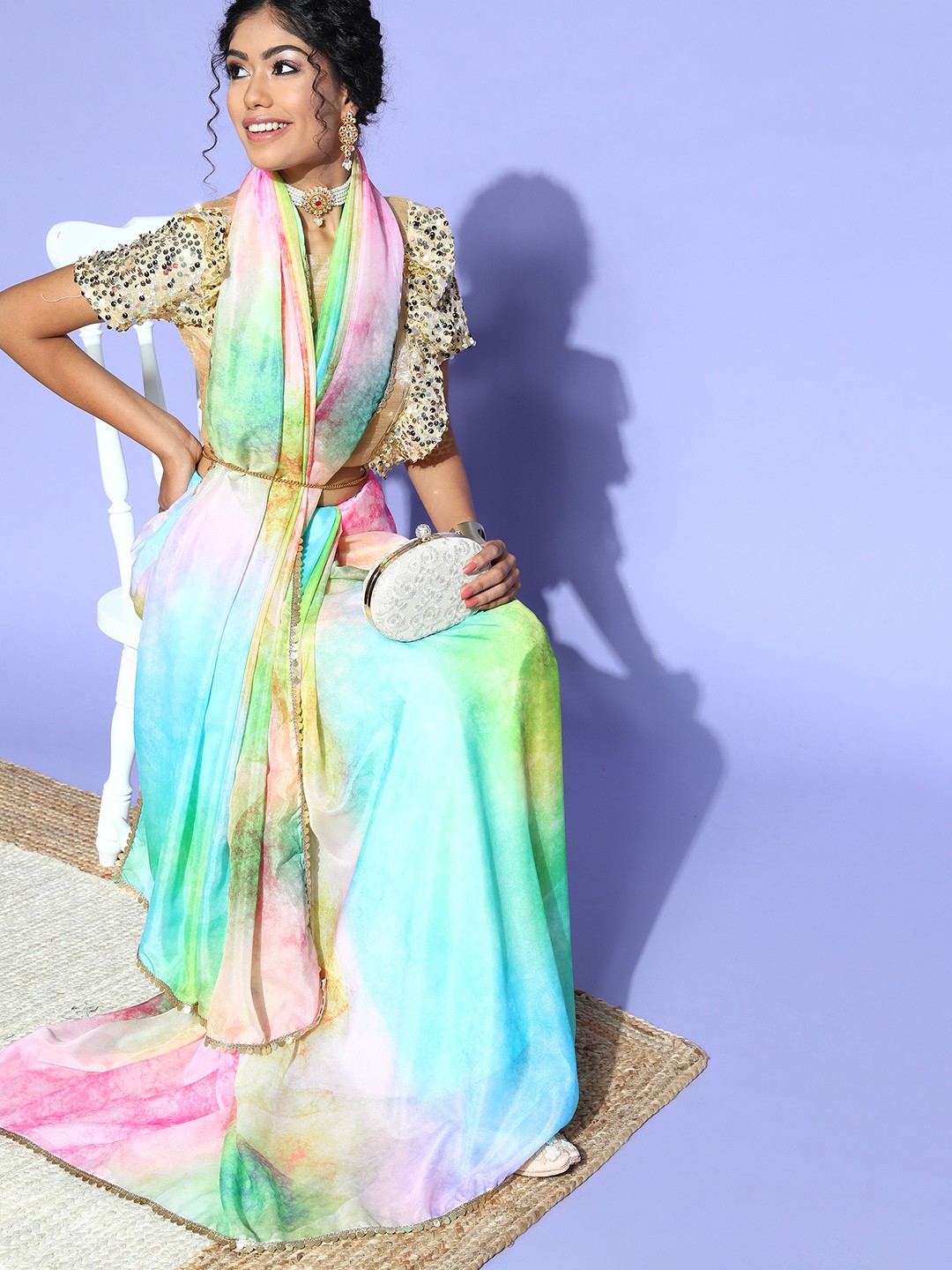 

Mitera Tie And Dye Saree With Embellished Border, Multi