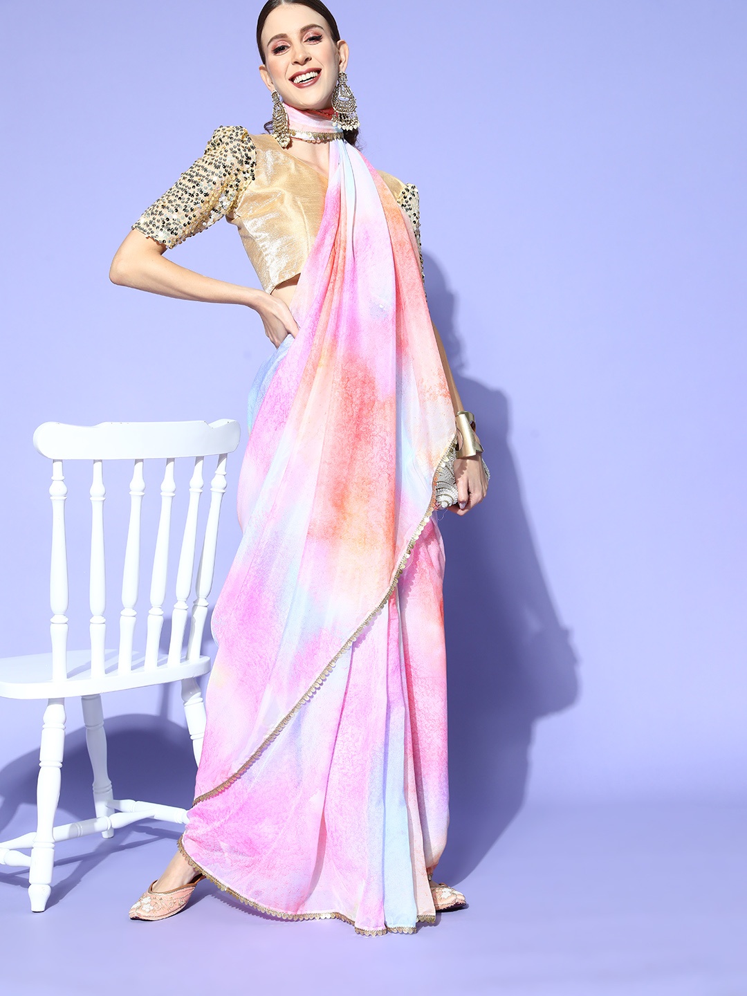

Mitera Tie And Dye Saree With Embellished Border, Multi