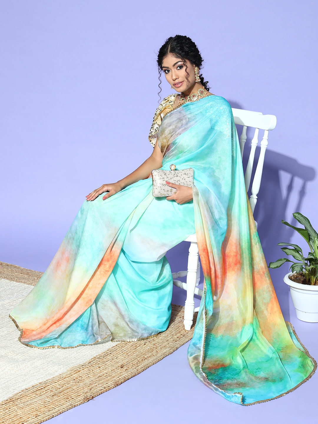 

Mitera Tie And Dye Saree With Embellished Border, Multi