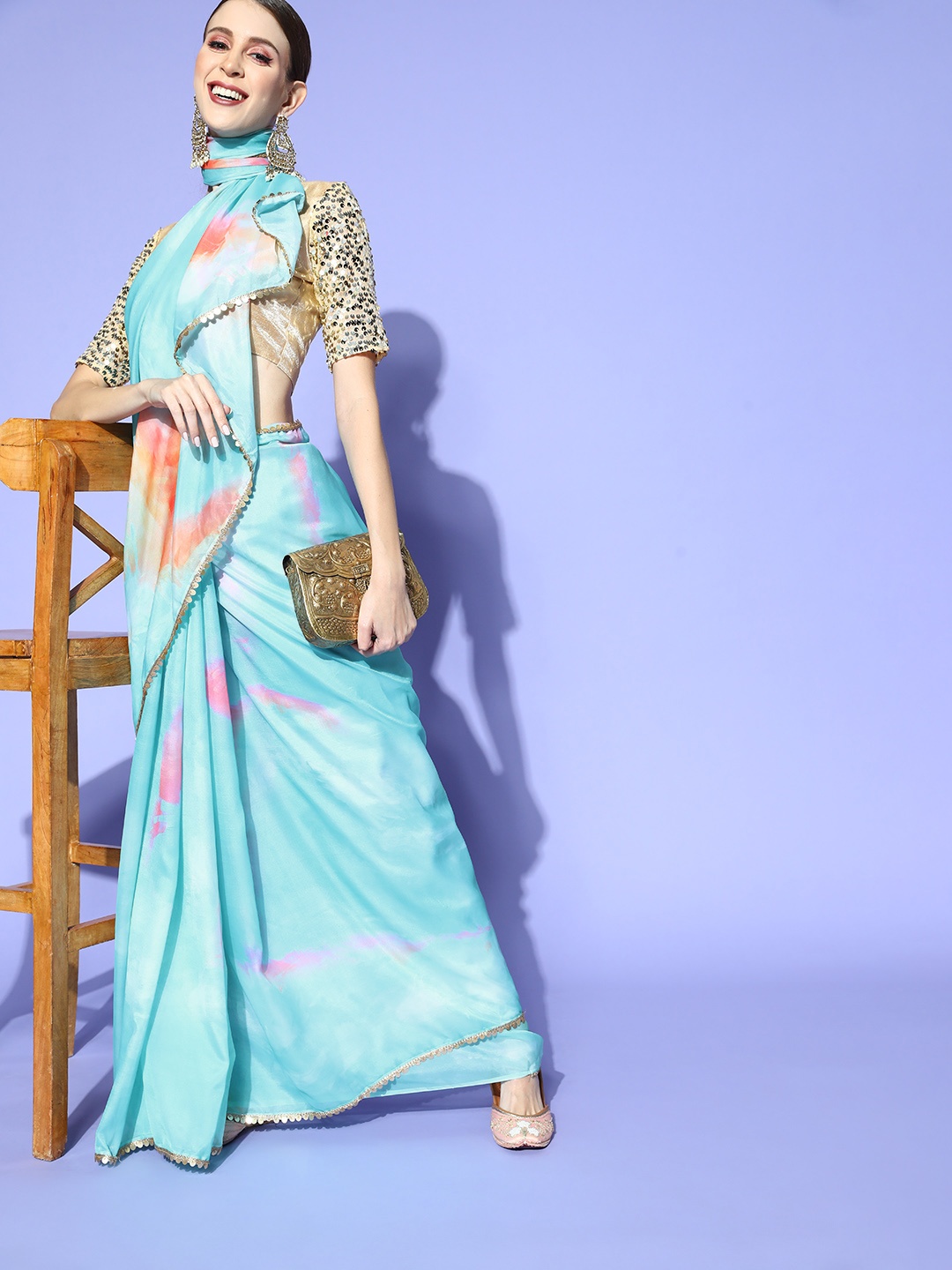 

Mitera Tie And Dye Saree With Embellished Border, Blue