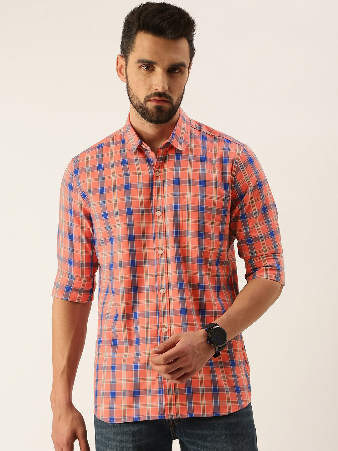 

IMYOUNG Men Peach-Coloured Smart Slim Fit Checked Casual Shirt