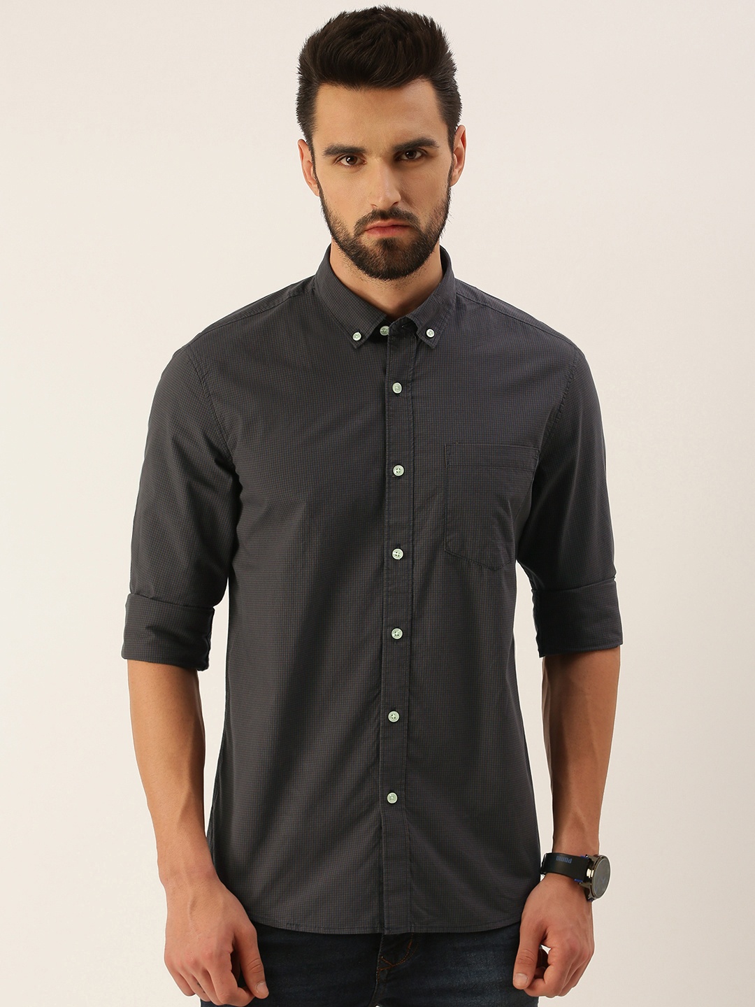 

IMYOUNG Men Charcoal Grey & Navy Blue Smart Slim Fit Checked Casual Shirt