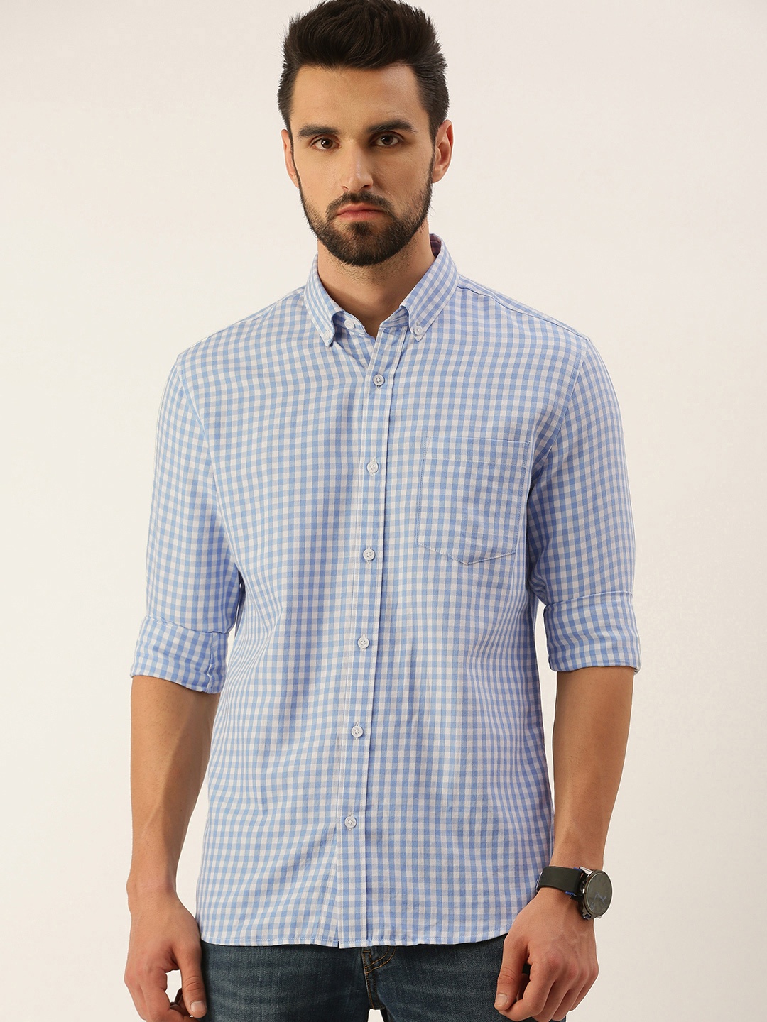 

IMYOUNG Men Blue & White Pure Cotton Smart Slim Fit Checked Casual Shirt