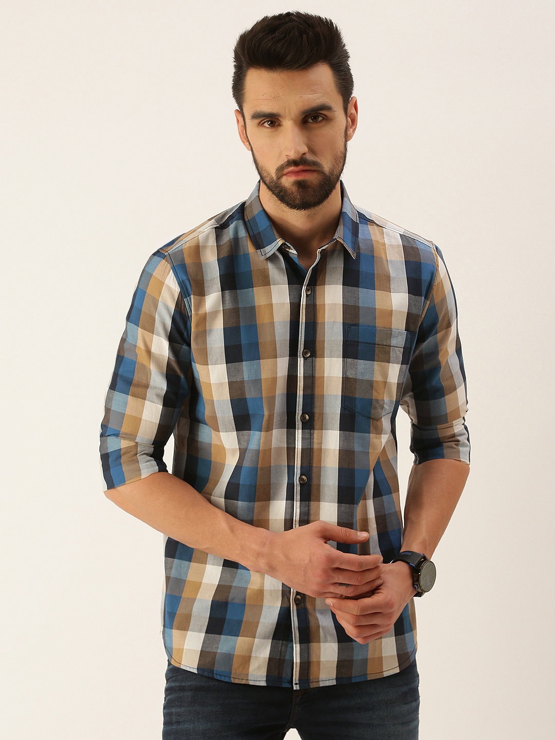 

IMYOUNG Men Blue & Beige Pure Cotton Smart Slim Fit Checked Casual Shirt