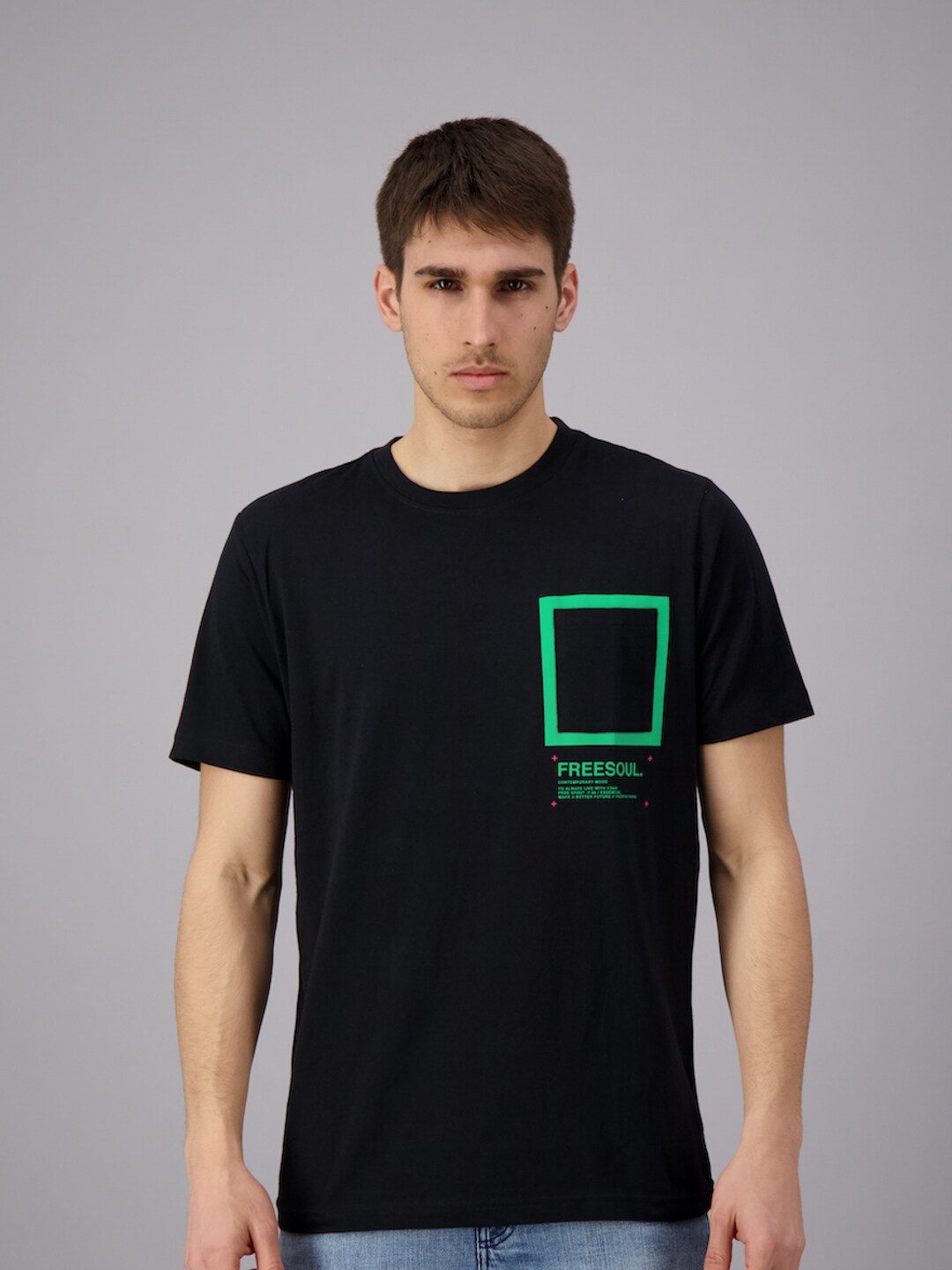 

FREESOUL Men Black & Green Typography T-shirt