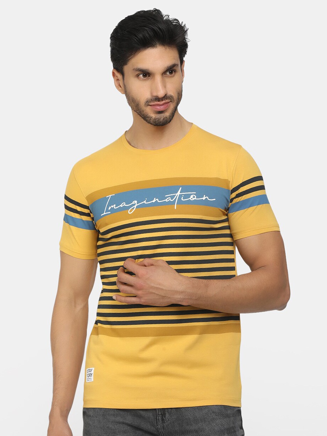 

V-Mart Men Mustard Yellow Striped Slim Fit T-shirt