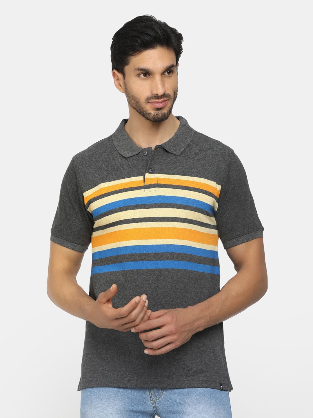 

Cherokee Men Grey Melange & Yellow Striped Polo Collar T-shirt