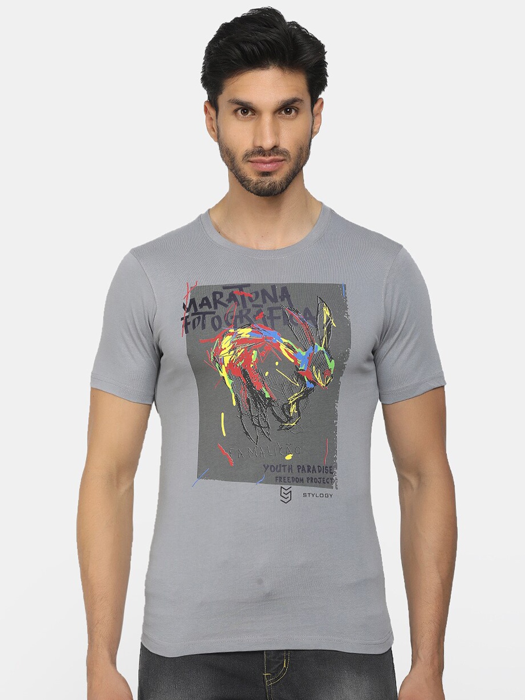 

V-Mart Men Grey Printed Slim Fit Cotton T-shirt