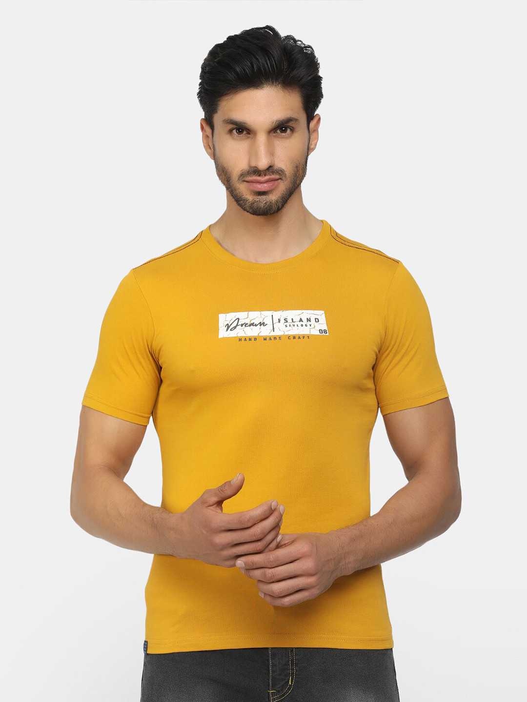 

V-Mart Men Mustard Yellow & White Typography Slim Fit T-shirt