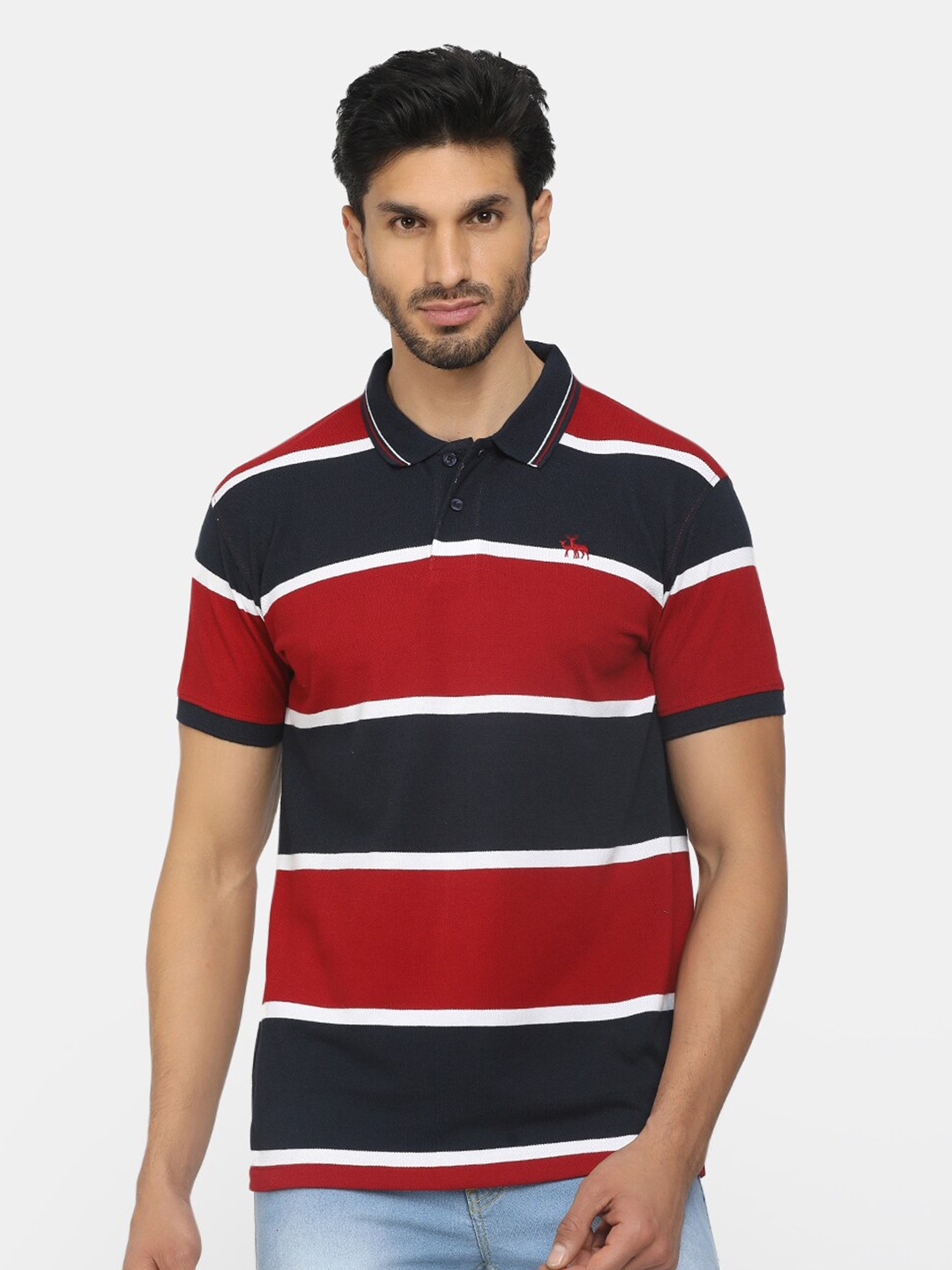 

V-Mart Men Navy Blue & Red Striped Polo Collar Cotton T-shirt