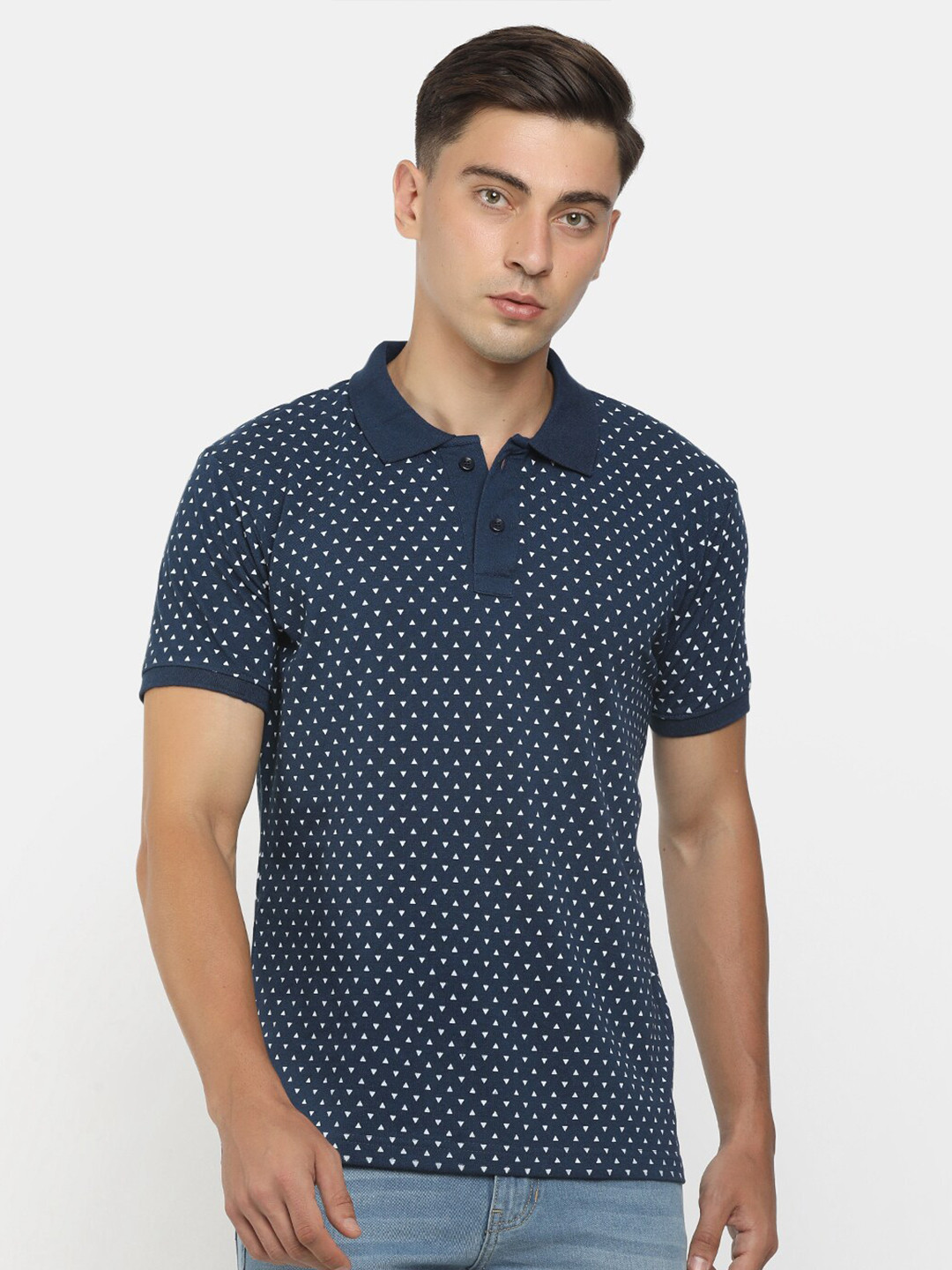 

V-Mart Men Navy Blue Geometric Printed Polo Collar Cotton T-shirt