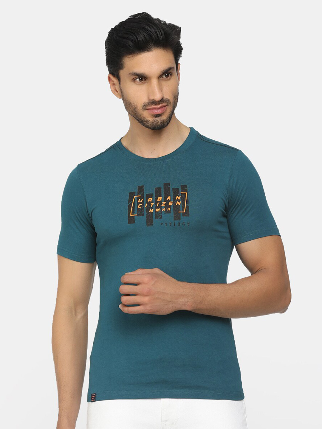

V-Mart Men Teal Blue Typography Printed Slim Fit Cotton T-shirt