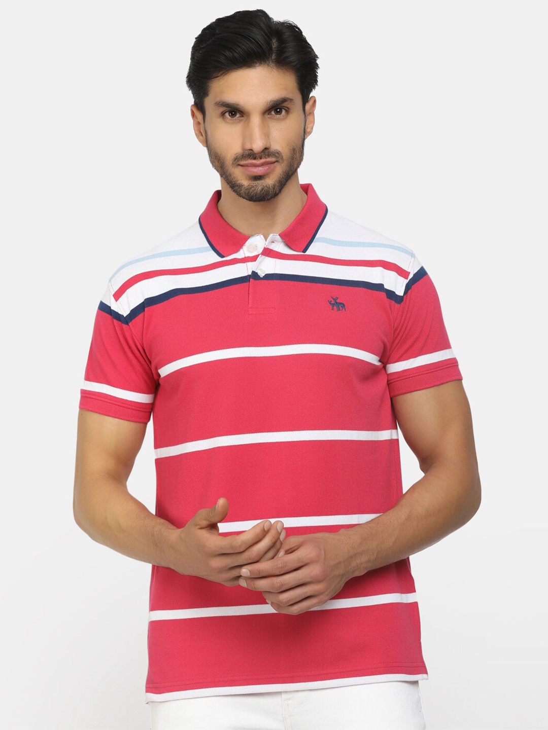 

V-Mart Men Pink Striped Polo Collar Applique T-shirt