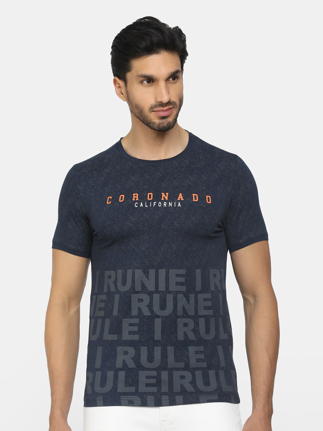 

V-Mart Men Blue & Orange Typography Printed Slim Fit T-shirt
