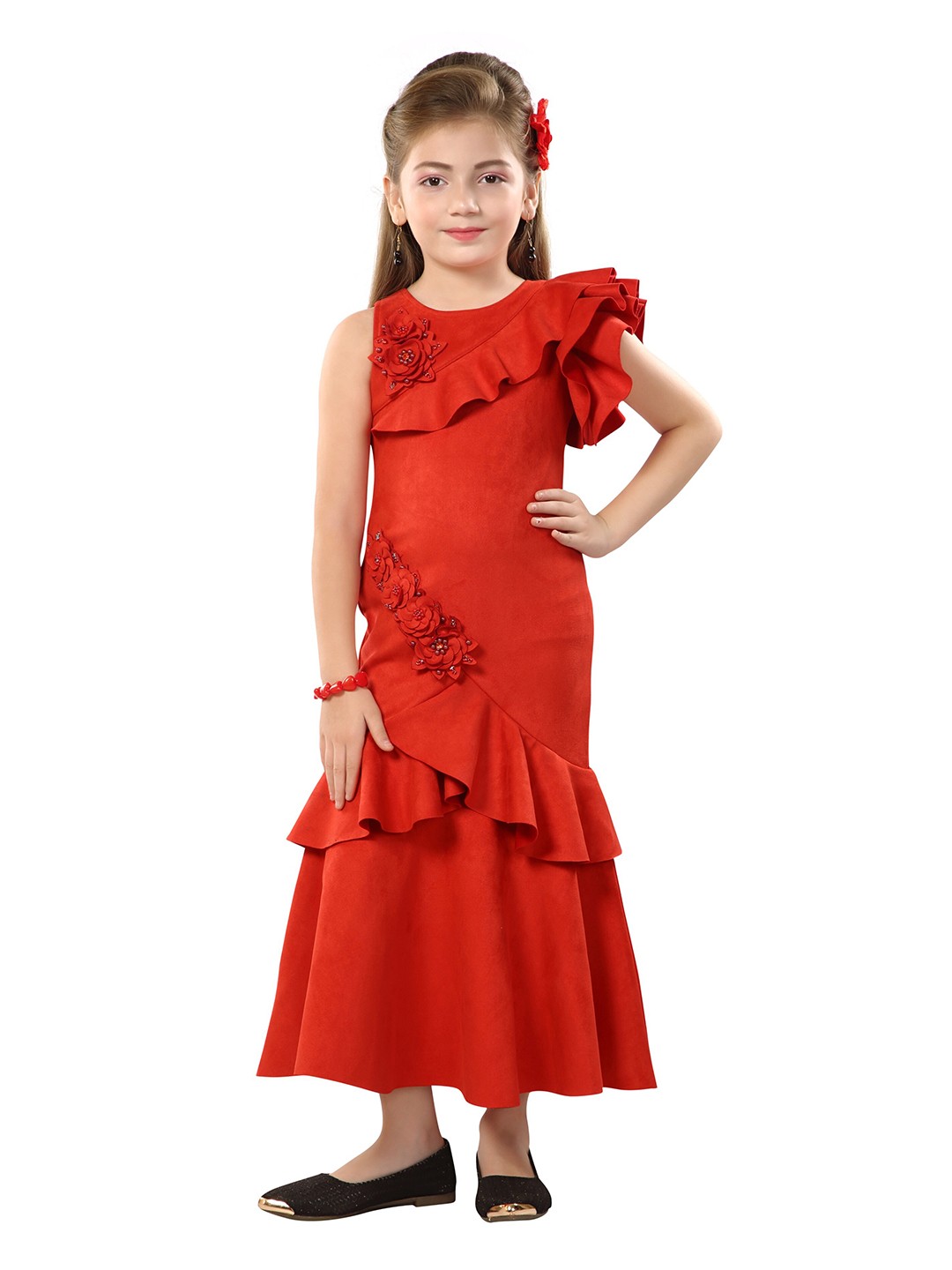 

Hunny Bunny Red Embellished Ruffled Party Wear Dress