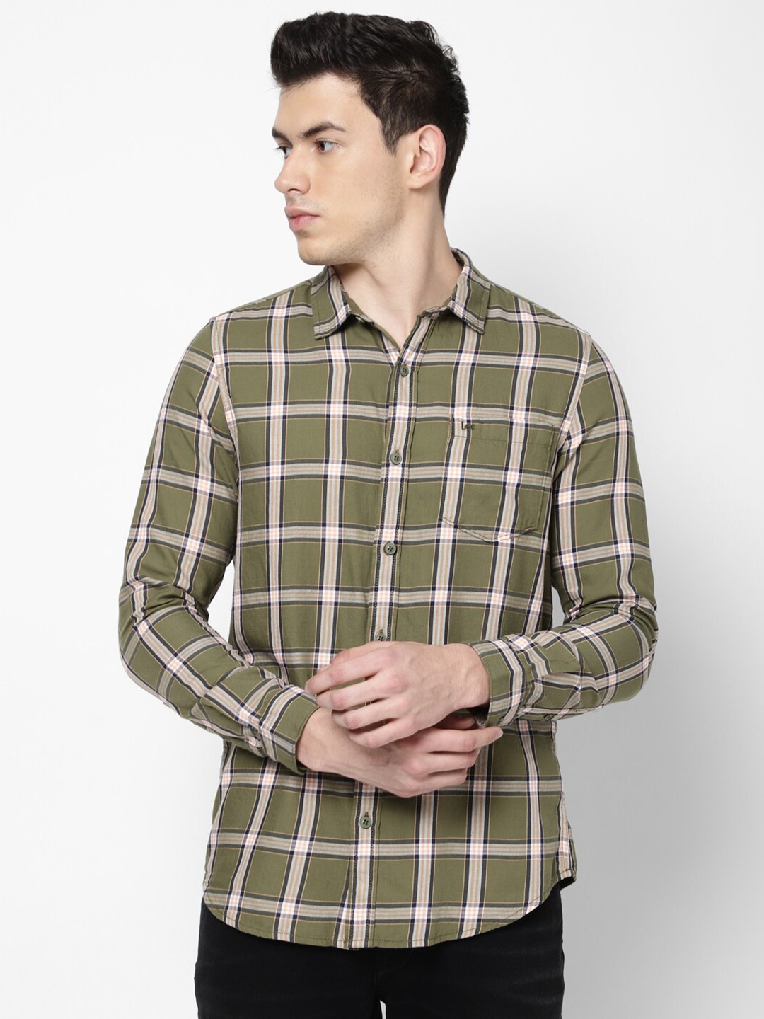 

Lee Men Olive Green Slim Fit Tartan Checks Checked Casual Shirt