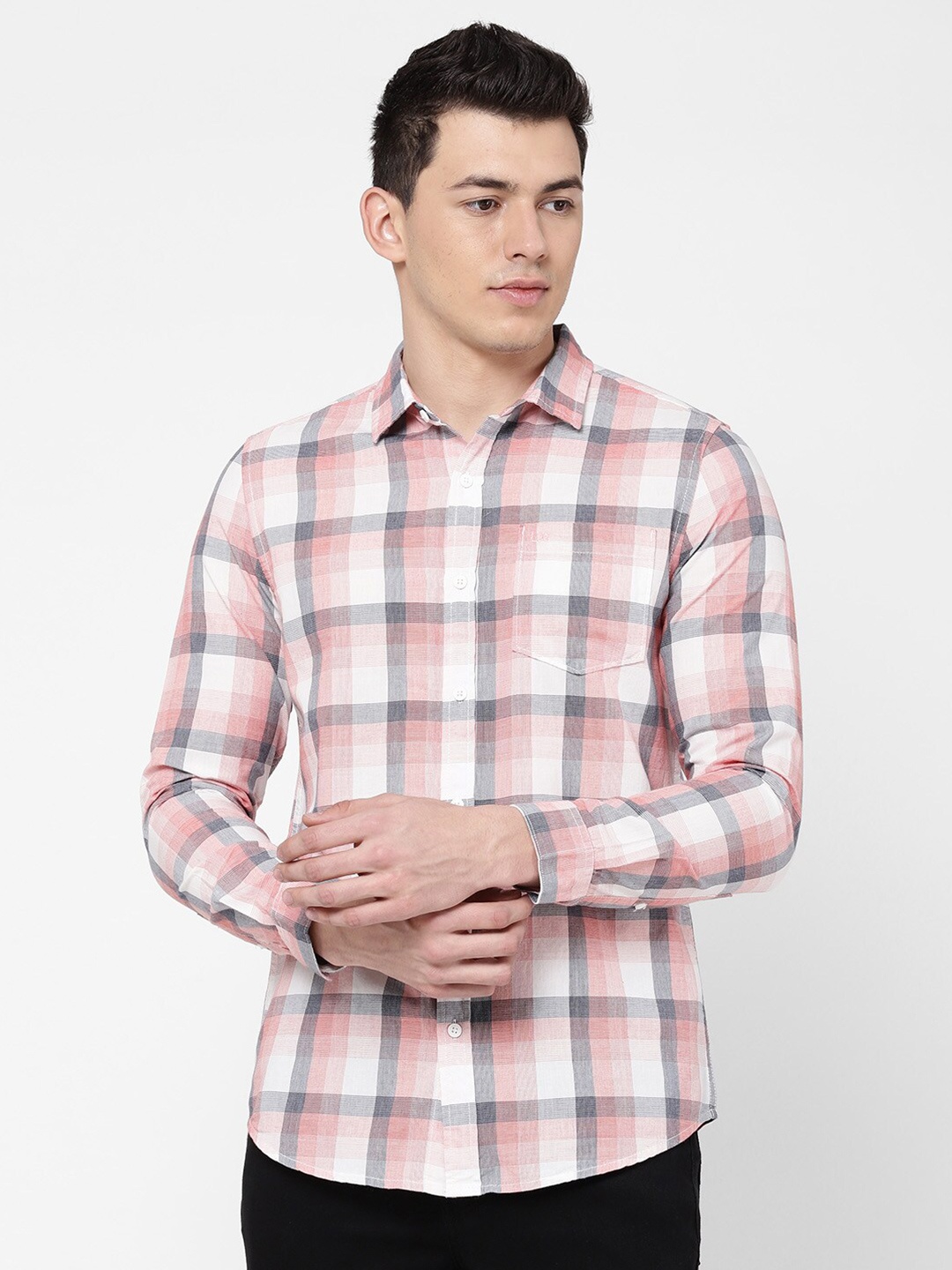 

Lee Men Peach-Coloured & White Slim Fit Tartan Checked Casual Cotton Shirt