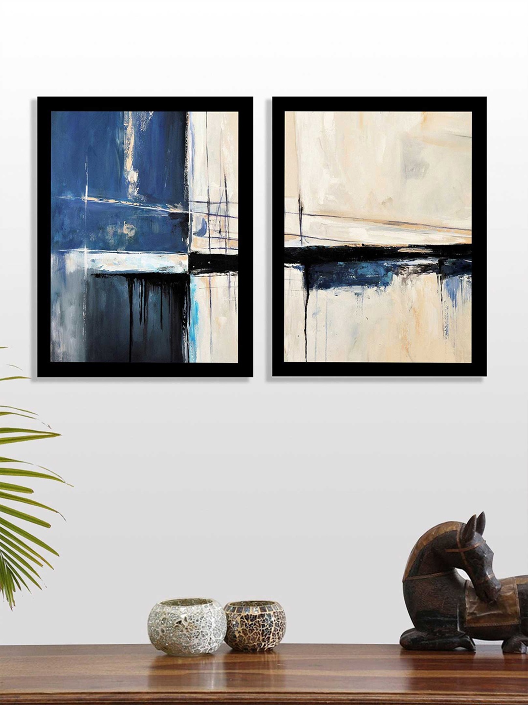 

Art Street Set of 2 Blue & Cream UV Wall Art With Wooden Frame, Black