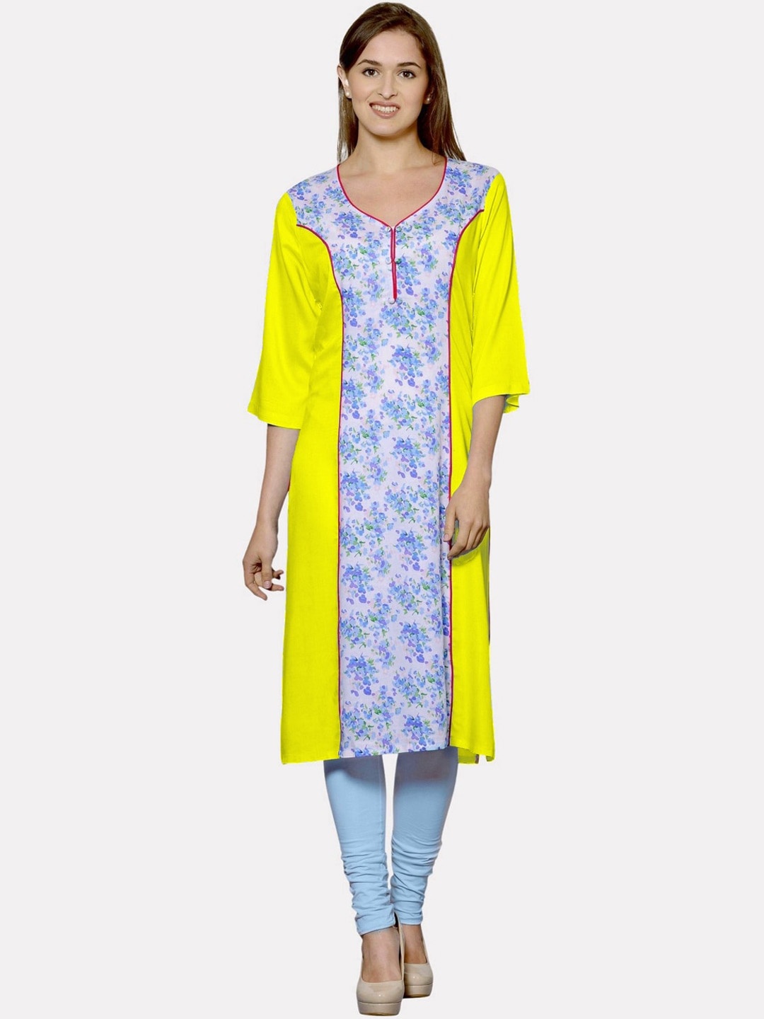 

KALINI Women Yellow & White Ethnic Motifs Printed Floral Kurta