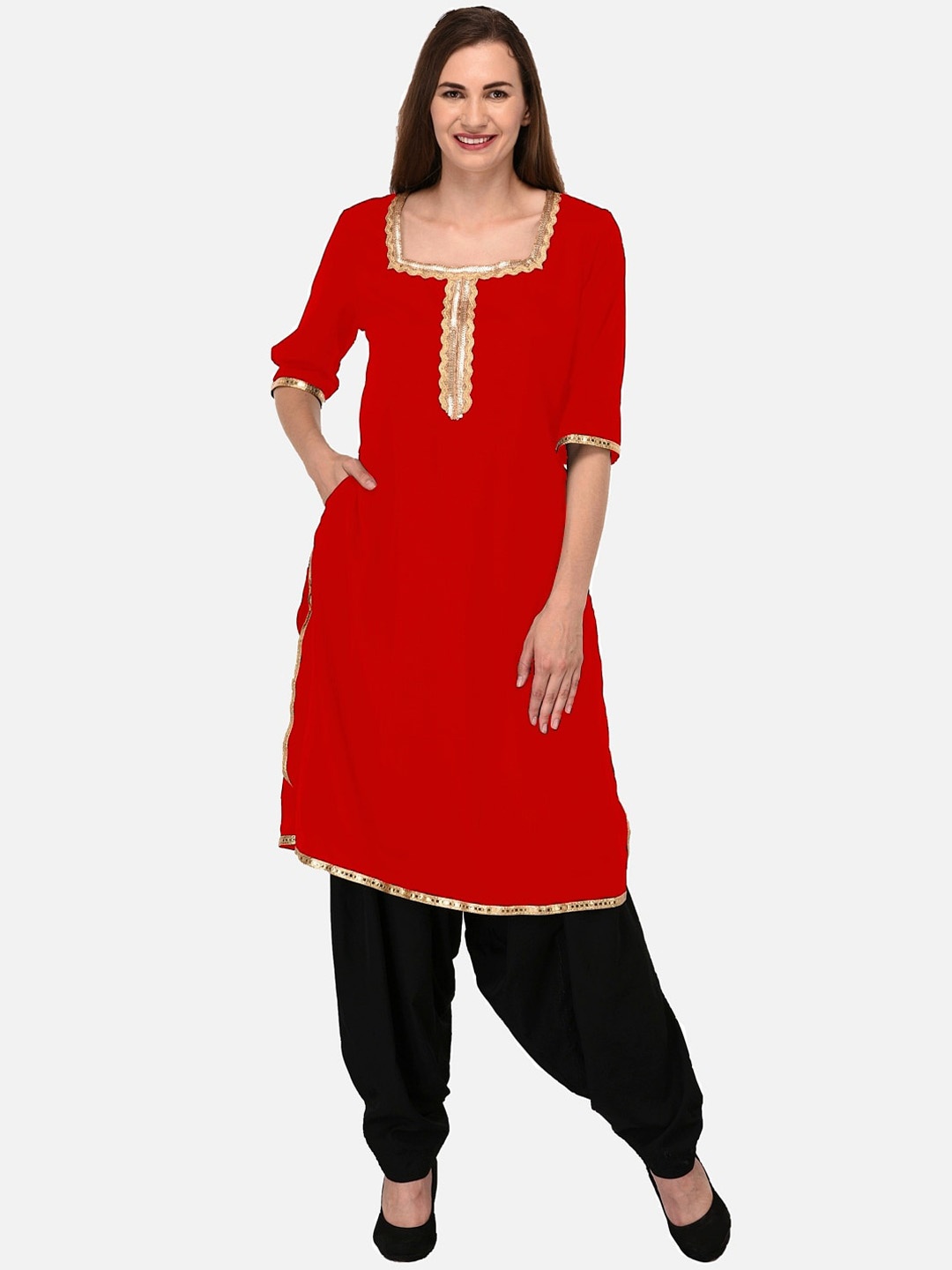 

KALINI Women Red Yoke Design Thread Work Kurta