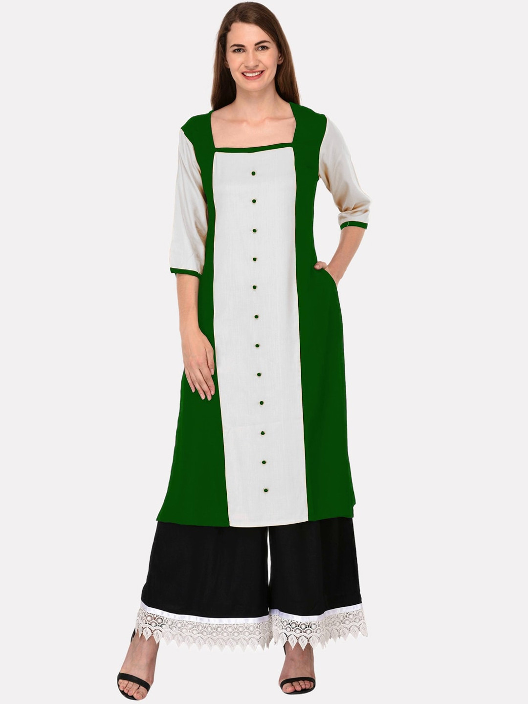 

KALINI Women Green & Cream-Colored Colourblocked Panelled Kurta