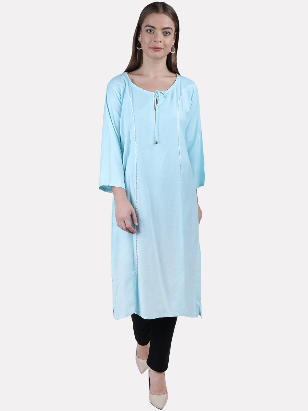 

KALINI Women Blue Solid Keyhole Neck Thread Work Kurta