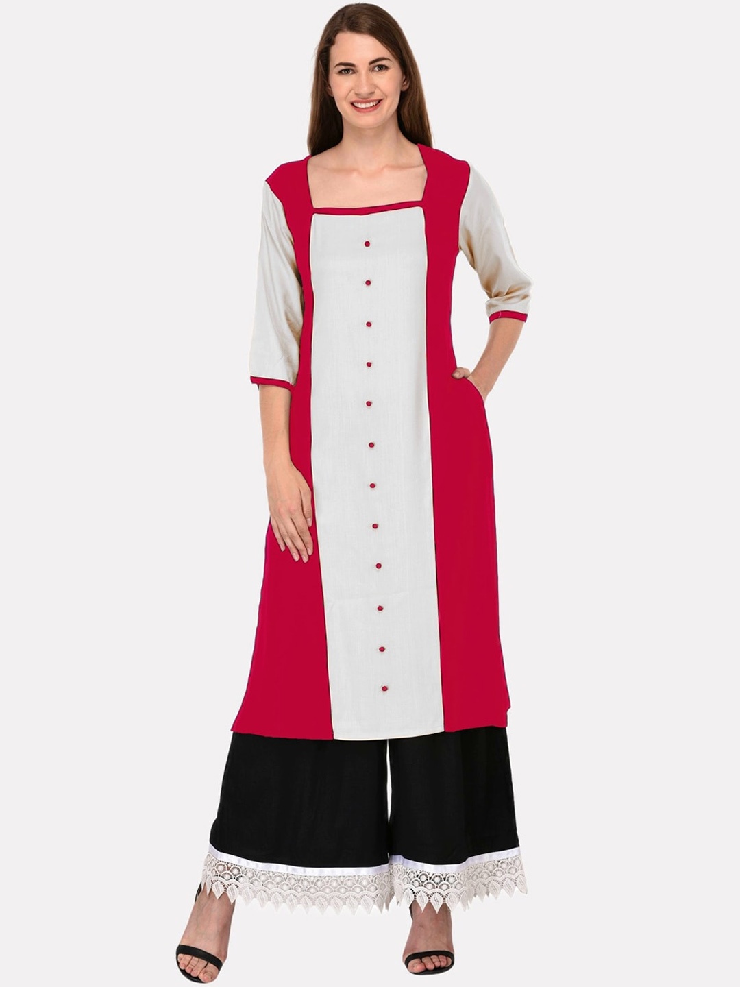 

KALINI Women Fuchsia & Red Colourblocked Kurta
