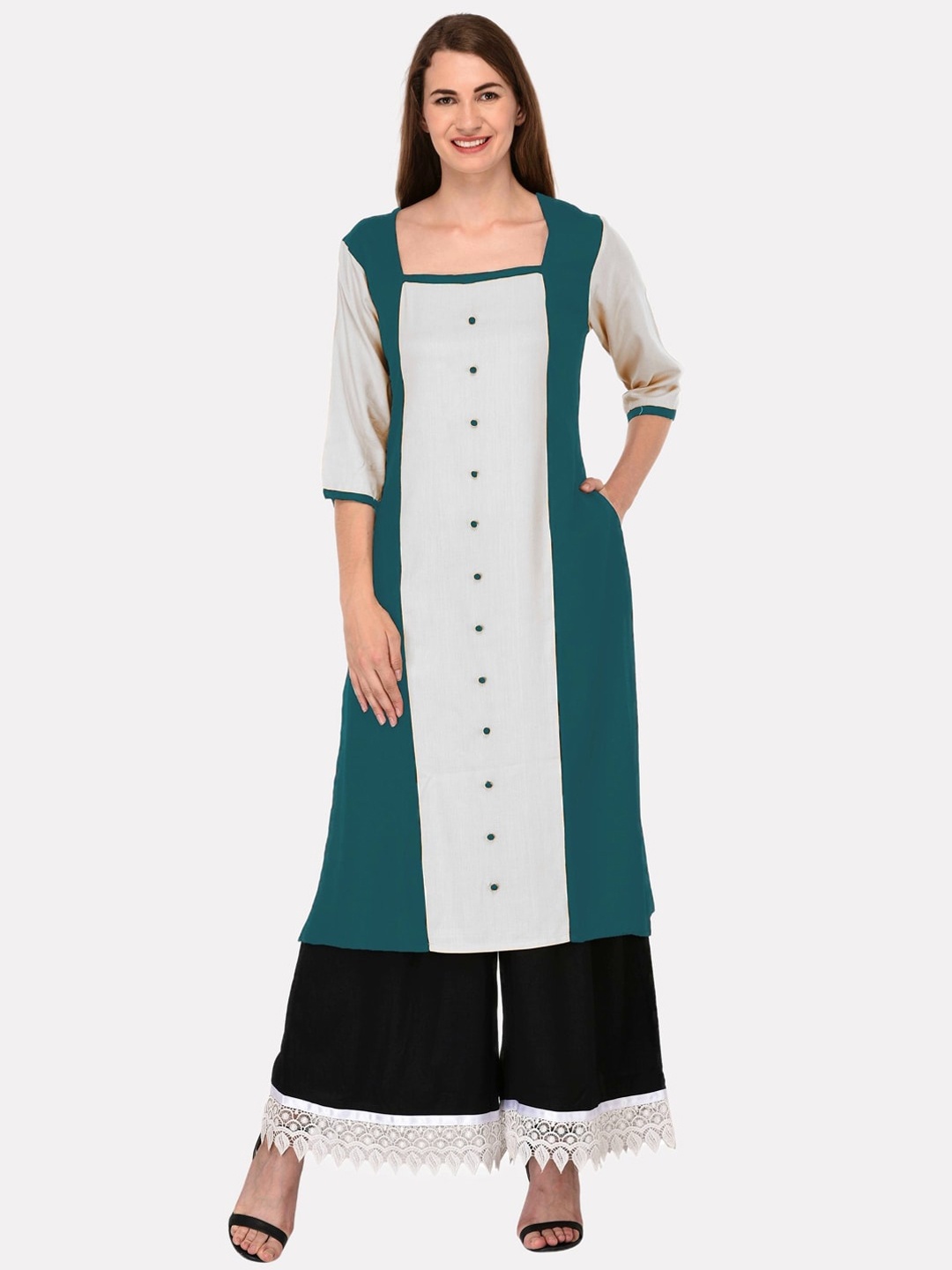 

KALINI Women Sea Green & White Colourblocked Kurta