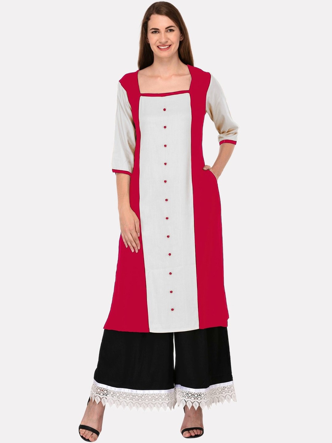 

KALINI Women Fuchsia Pink Colourblocked Panelled Kurta