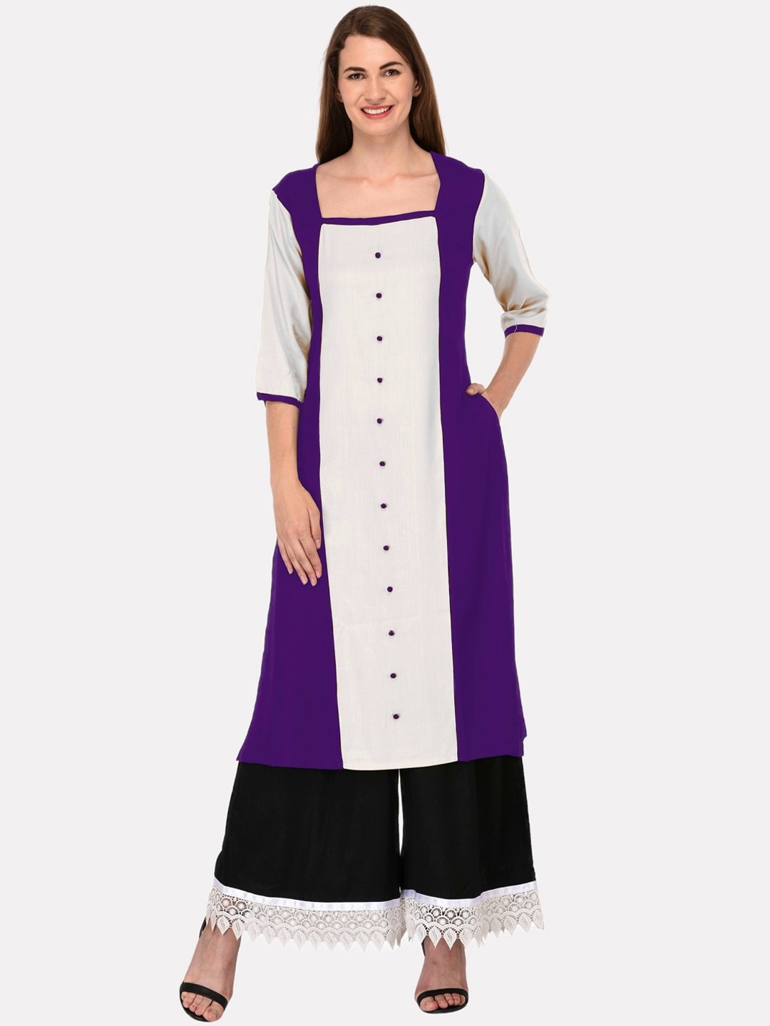 

KALINI Women Purple & White Colourblocked Kurta