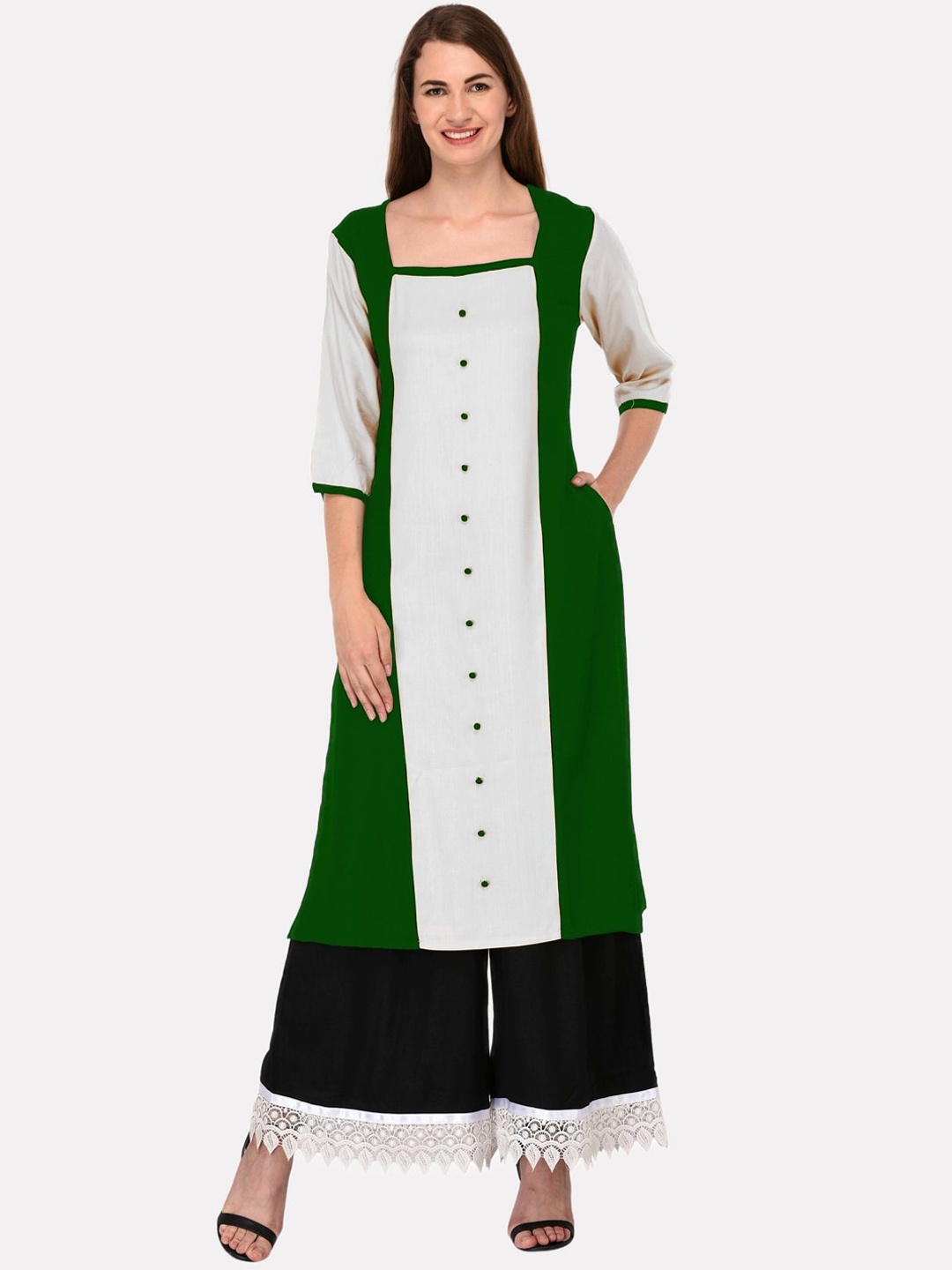 

KALINI Women Green Colourblocked Thread Work Tiering Kurta
