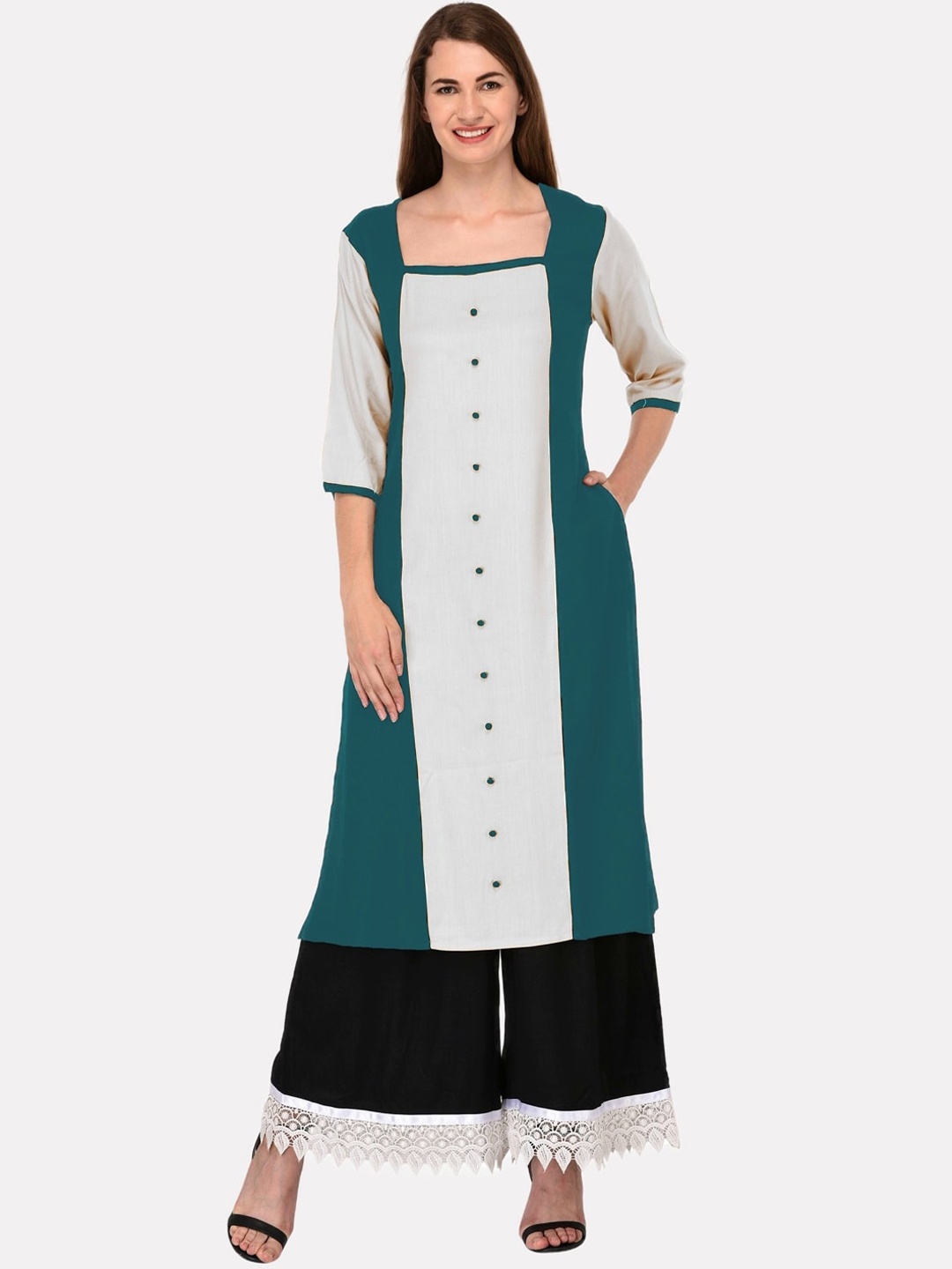 

KALINI Women Sea Green Colourblocked Mirror Work Tiering Kurta