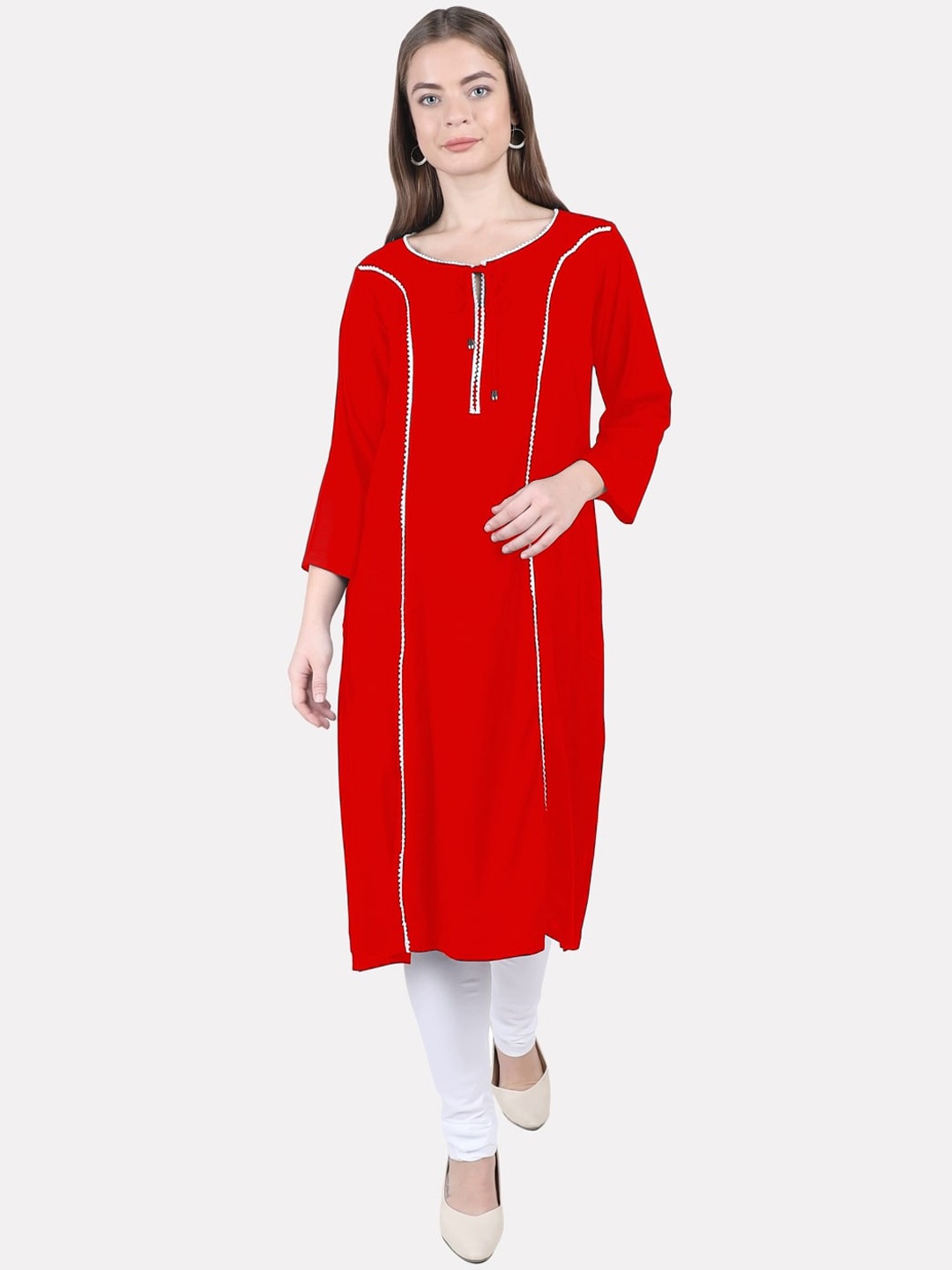 

KALINI Women Red Solid Neck Tie-Up Gotta Patti Kurta