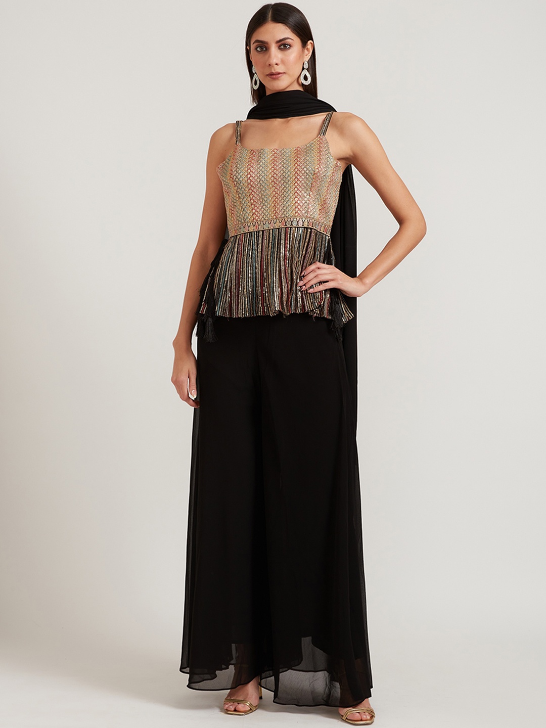 

Neerus Women Black Silk Georgette Top With Palazzos & Dupatta