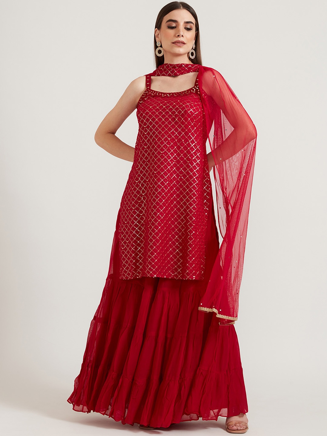 

Neerus Women Maroon Sequinned Silk Georgette Kurta Set, Magenta