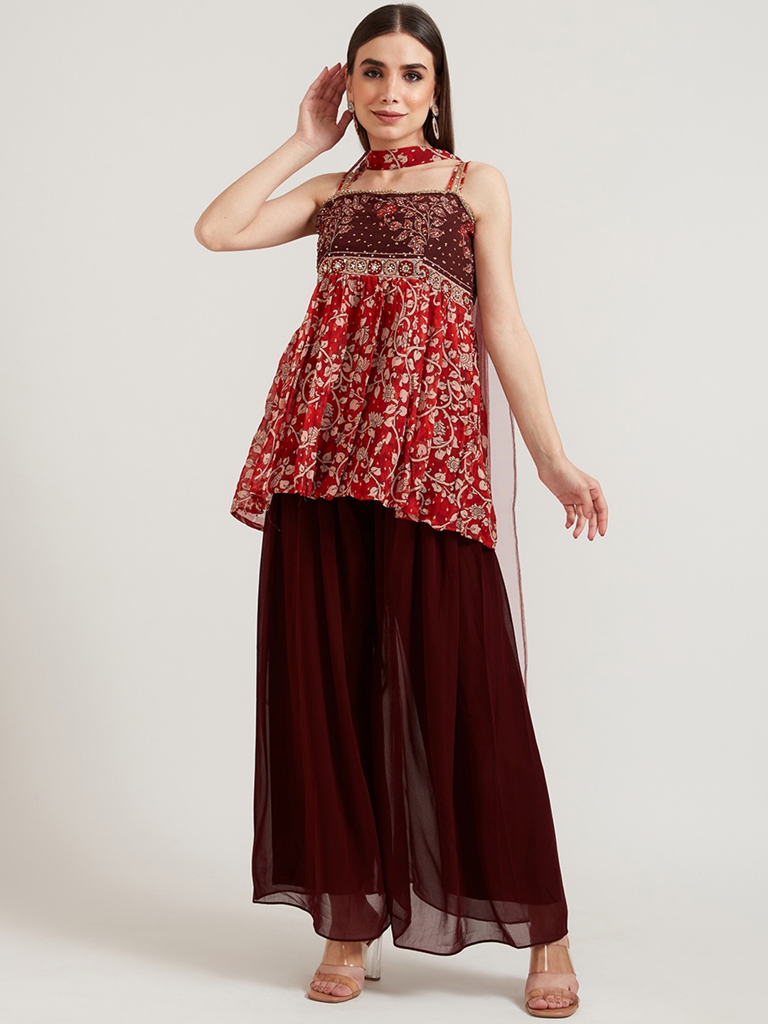 

Neerus Women Maroon Floral Printed Silk Georgette Kurta With Palazzos & Dupatta