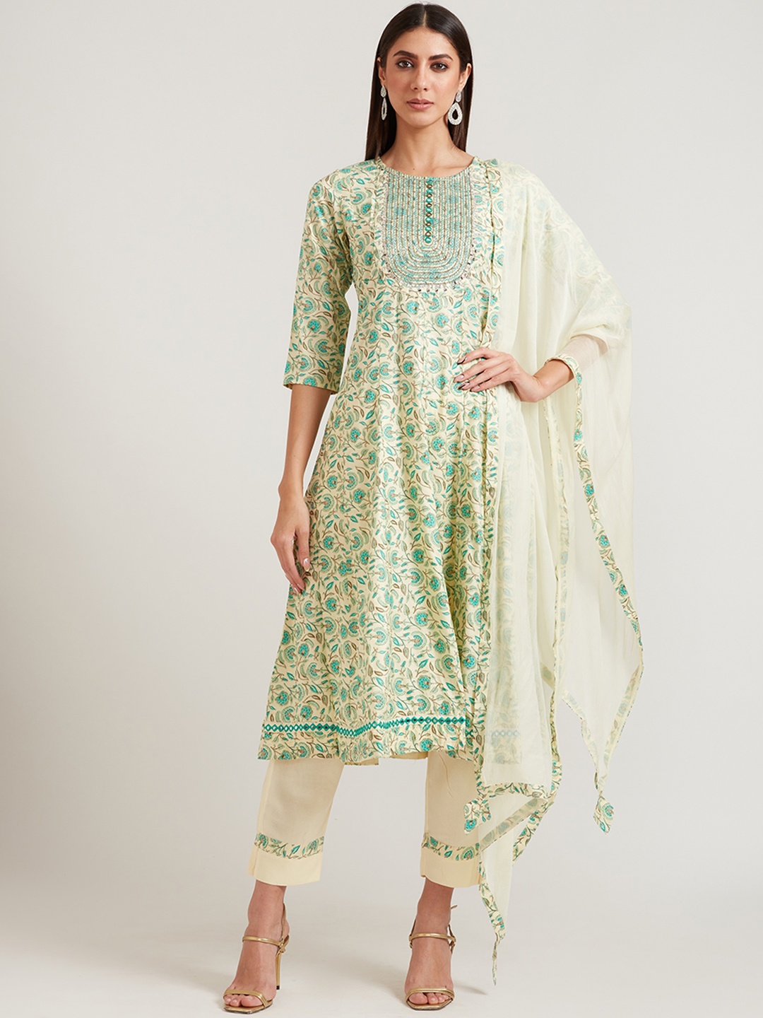 

Neerus Women Lime Green Floral Printed Pure Cotton Kurta with Churidar & With Dupatta