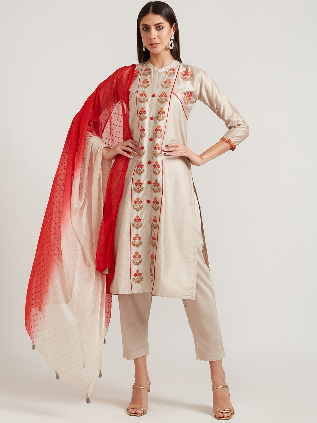 

Neerus Women Beige Ethnic Motifs Embroidered Thread Work Chanderi Silk Kurta with Palazzos & With Dupatta