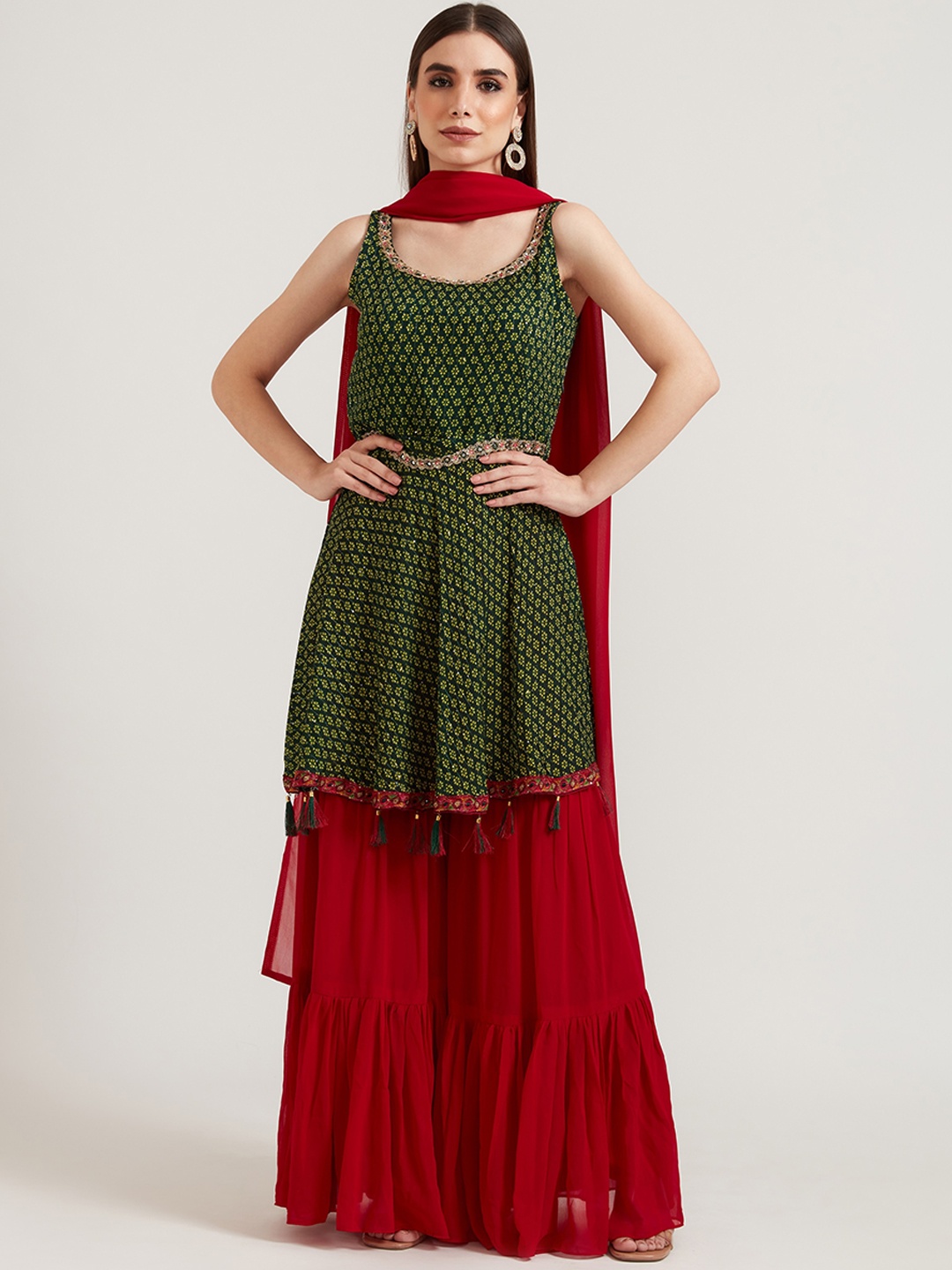 

Neerus Women Green & Red Floral Printed Silk Georgette Kurta with Sharara & With Dupatta