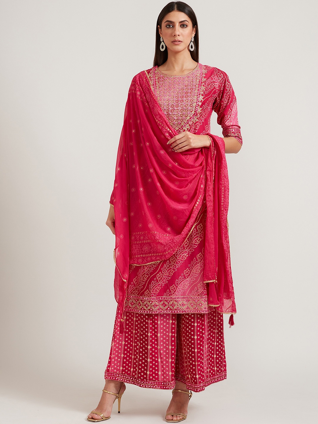 

Neerus Women Magenta Ethnic Motifs Aari Work Pure Cotton Kurta with Palazzos & With Dupatta