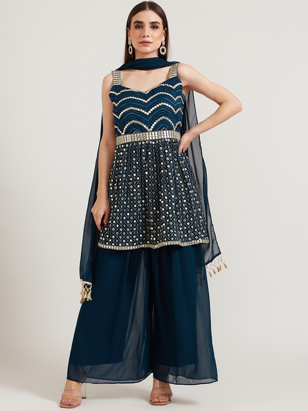 

Neerus Women Blue Mirror Work Silk Georgette Kurta Set
