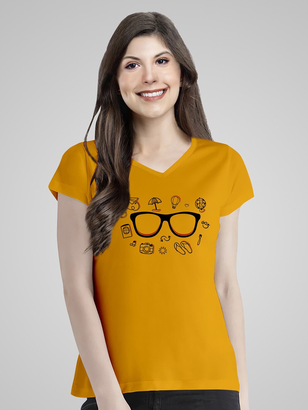 

Pootlu Women Mustard Yellow Printed V-Neck Extended Sleeves T-shirt