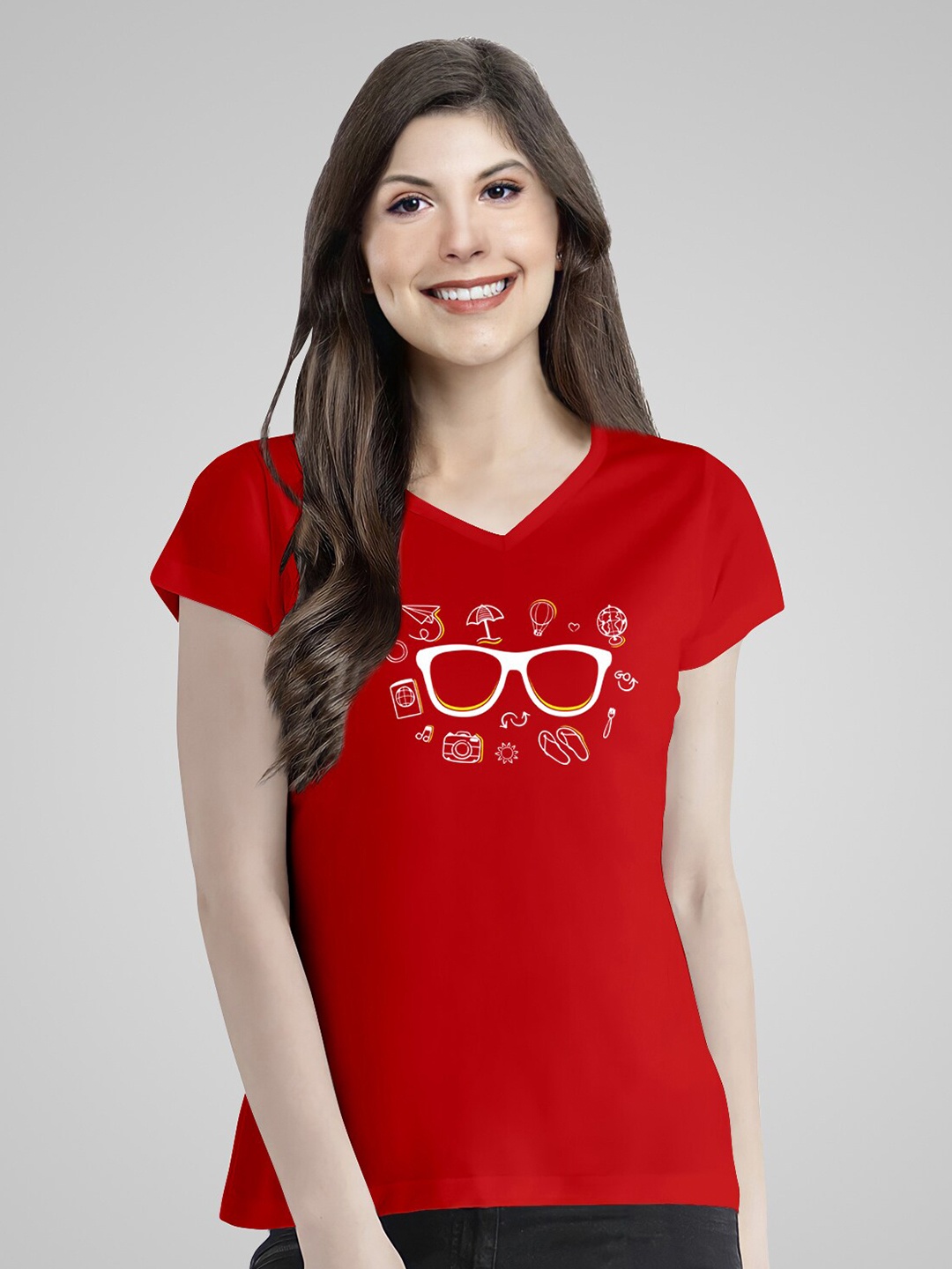 

Pootlu Women Red & White Printed V-Neck Extended Sleeves T-shirt