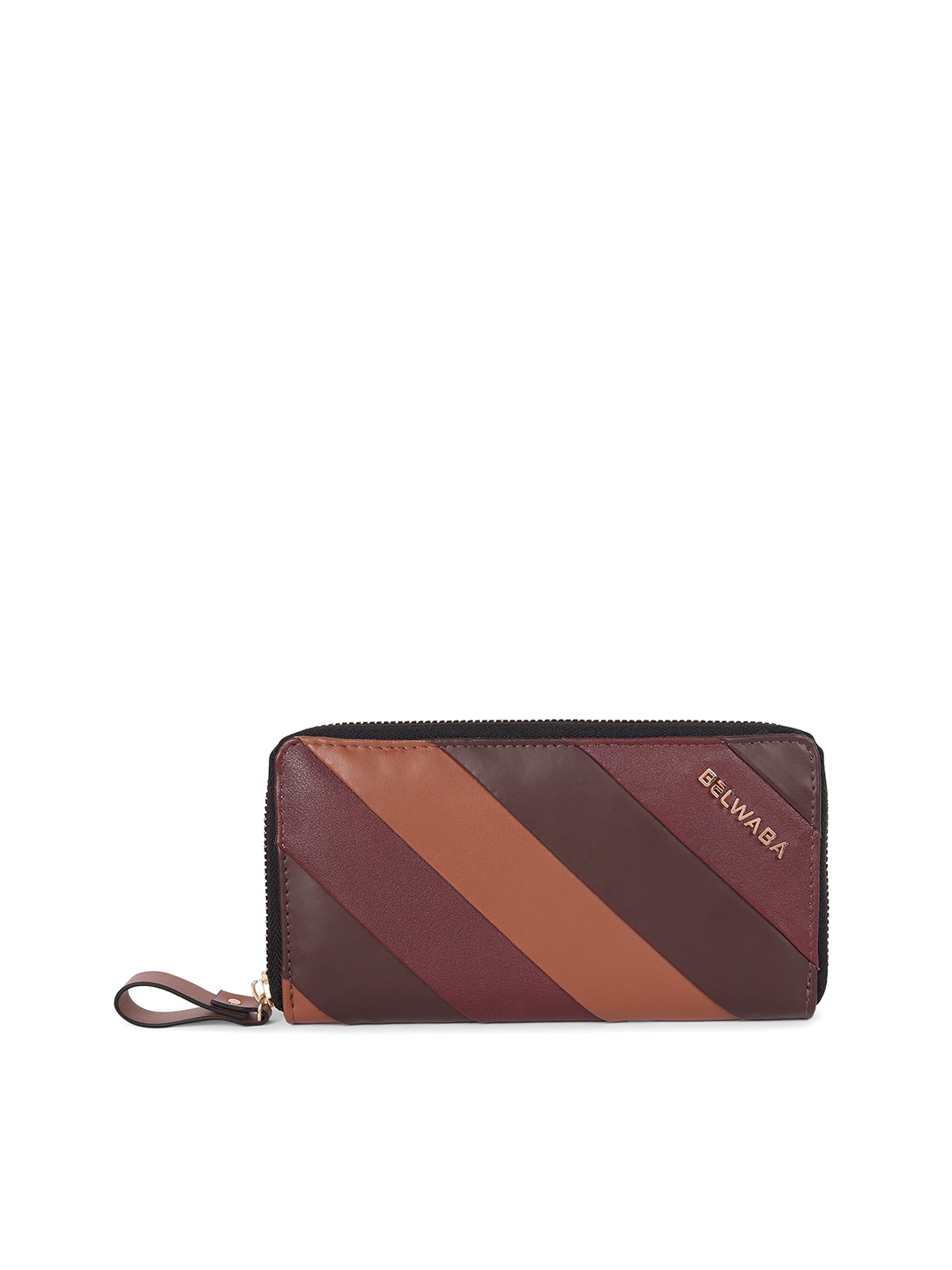 

Belwaba Women Brown & Maroon Striped PU Zip Around Wallet