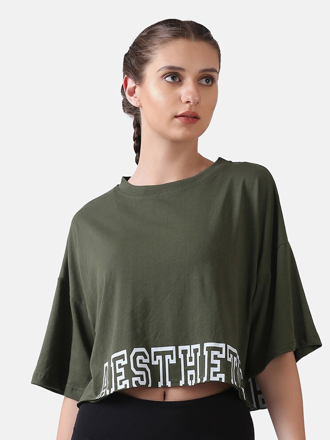 

Aesthetic Bodies Women Olive Green Typography Drop-Shoulder Sleeves Oversized T-shirt