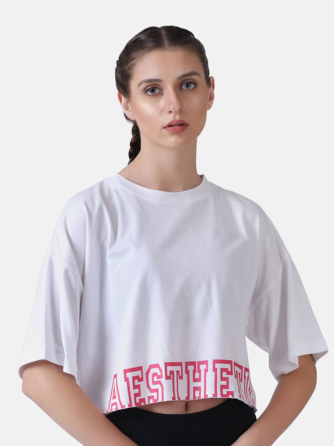 

Aesthetic Bodies Women White Typography Drop-Shoulder Sleeves Oversized T-shirt
