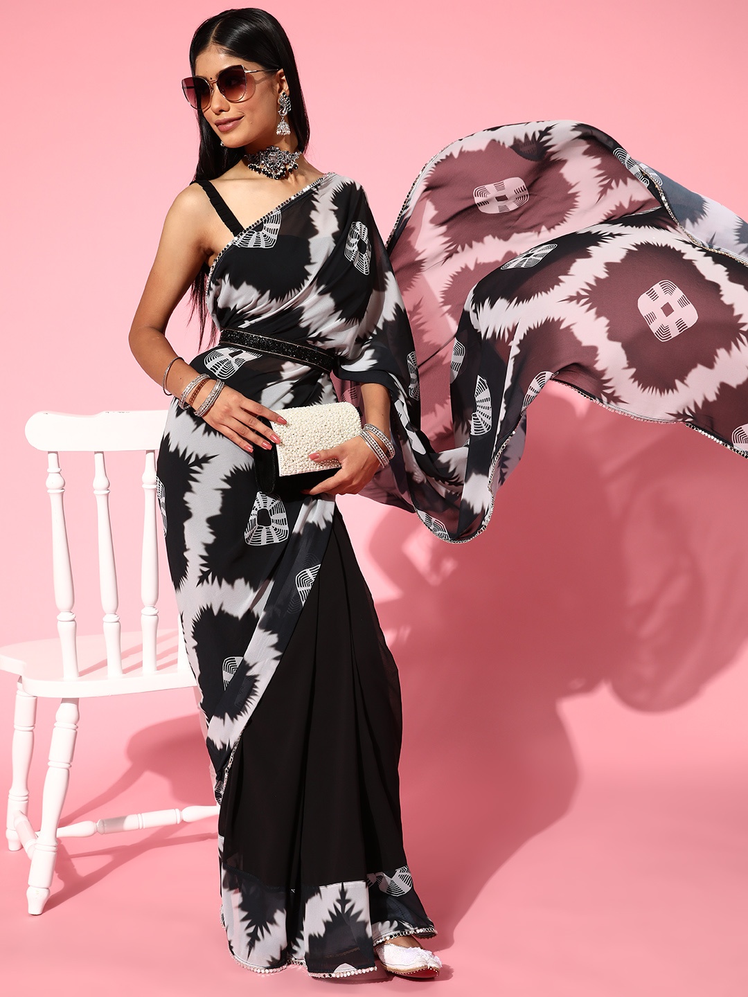 

Inddus Tie and Dye Saree with Embellished border, Black