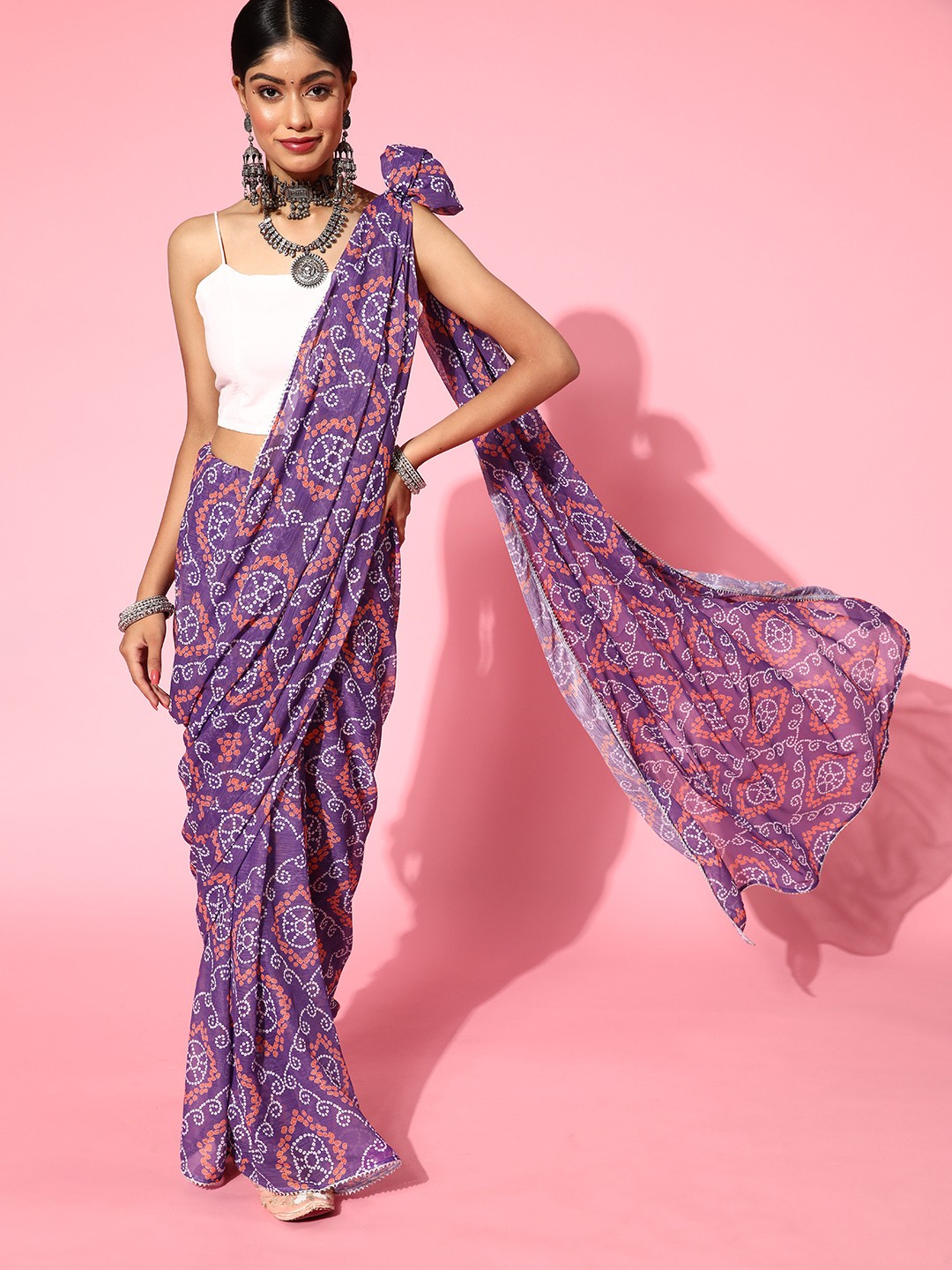 

Inddus Bandhani Saree with Solid border, Purple