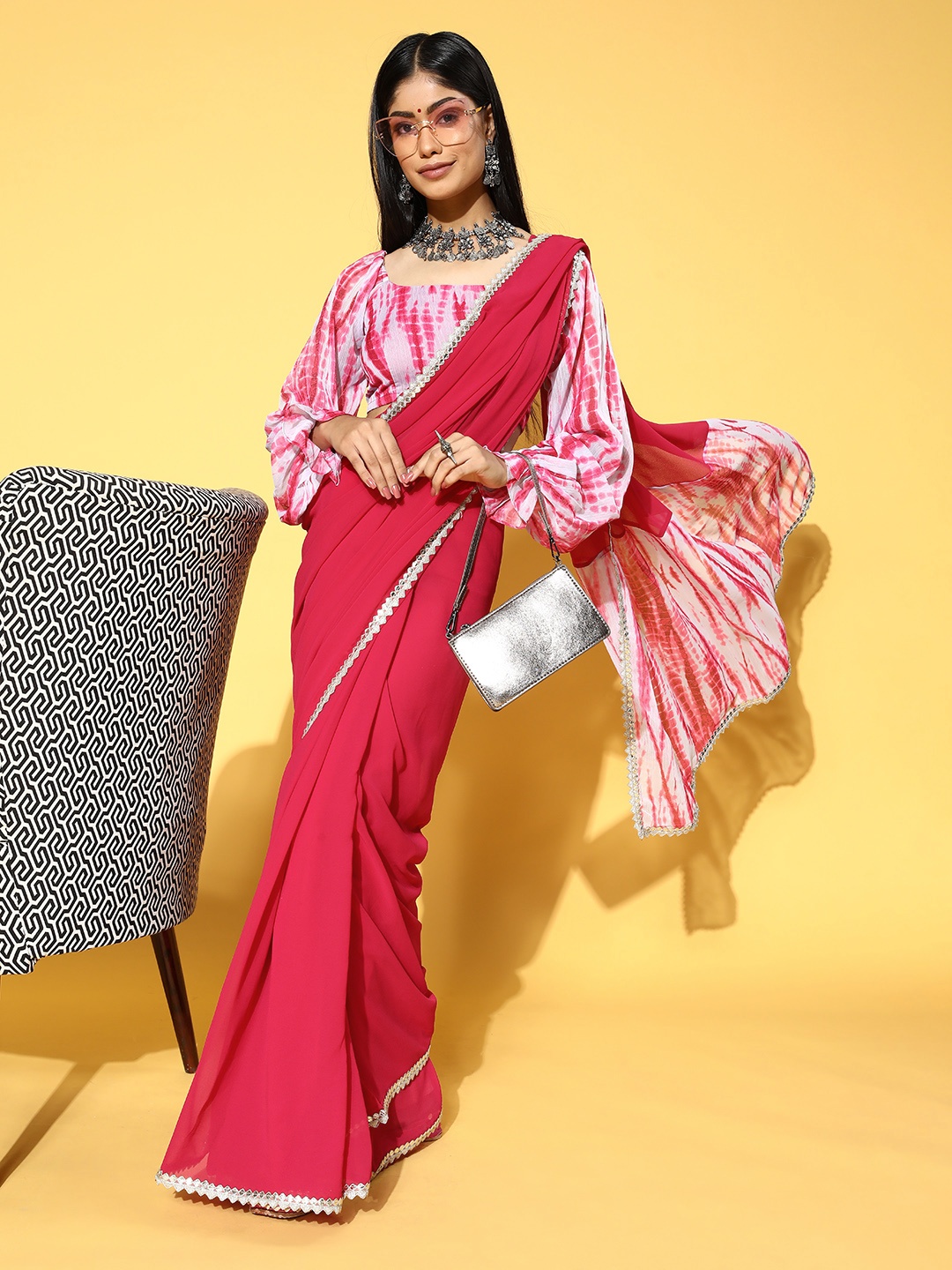 

Inddus Tie and Dye Saree with Solid border, Pink
