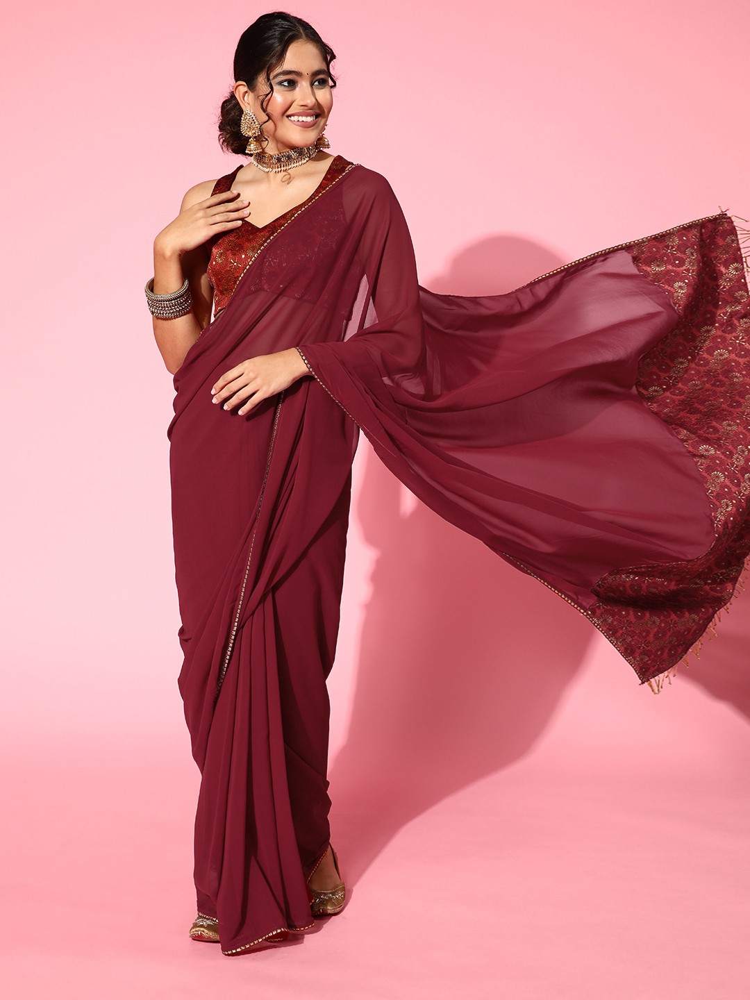 

Inddus Solid Saree with Embellished border, Maroon